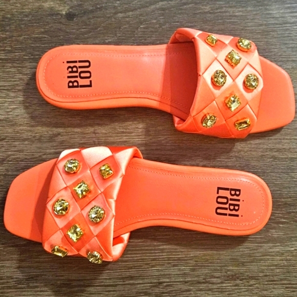 BIBI LOU x Anthropologie satin woven embellished Square toe Orange Sandals - Picture 9 of 16